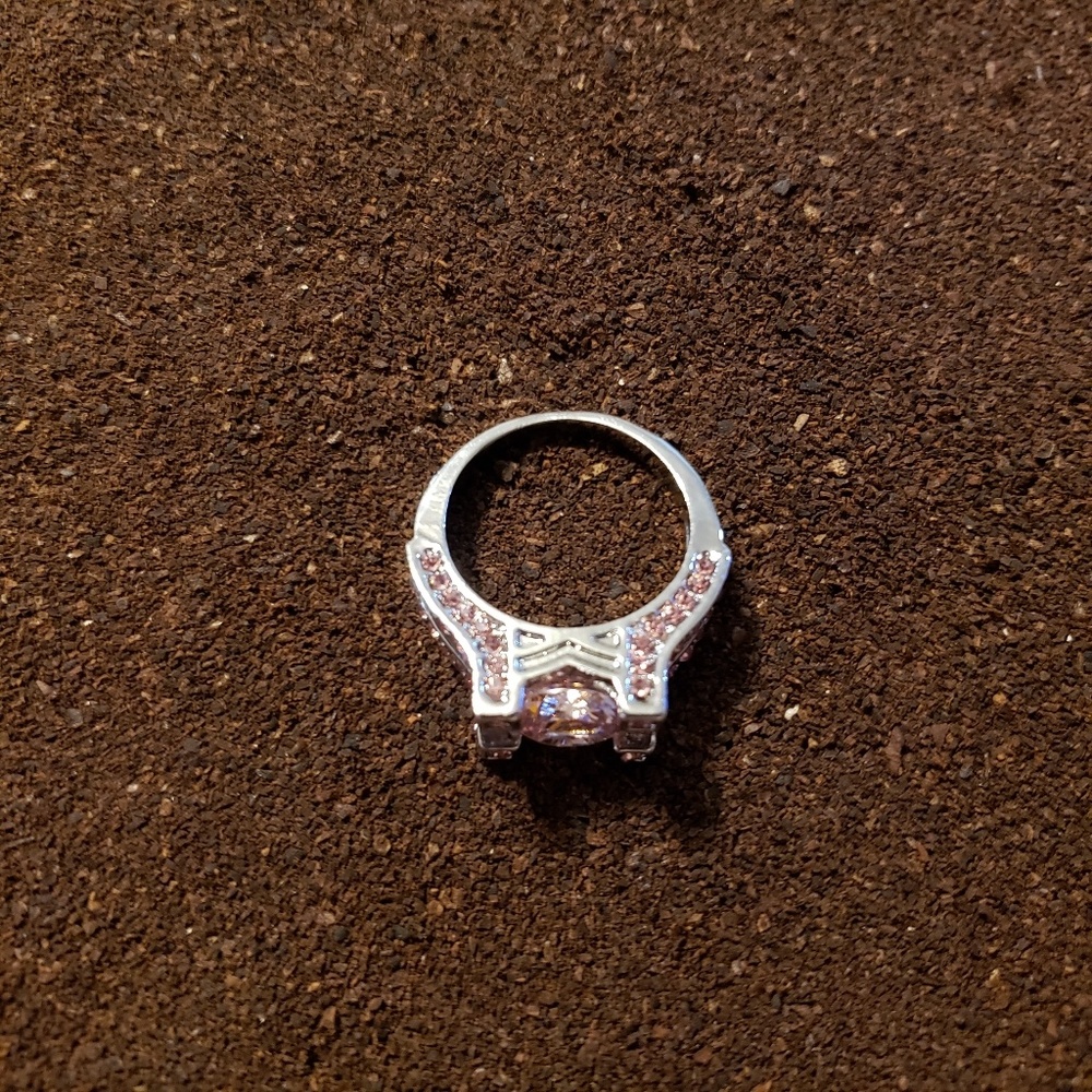 Pink Crystal Rhinestone Ring, Size 8, Silvertone - Picture 2 of 6